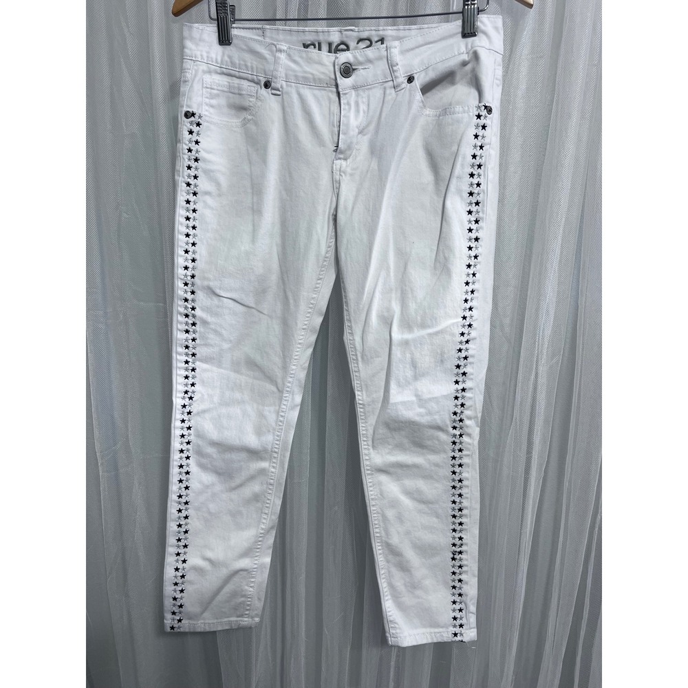 rue21 Womens White Star Embroidered Side Stripe Skinny Jeans Capri‎ Size 7/8